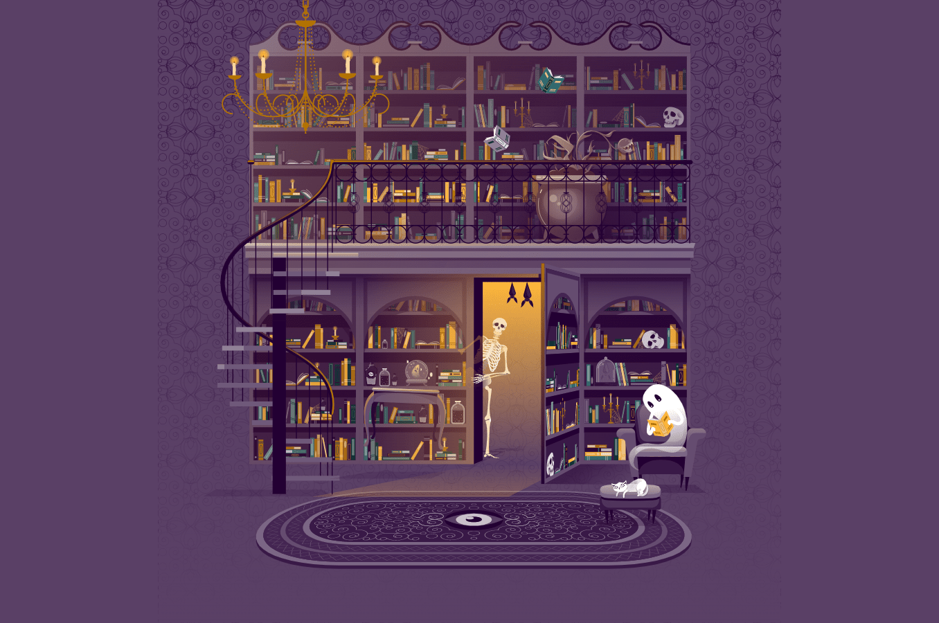 Enchanted library illustration with CSS animations, no JavaScript