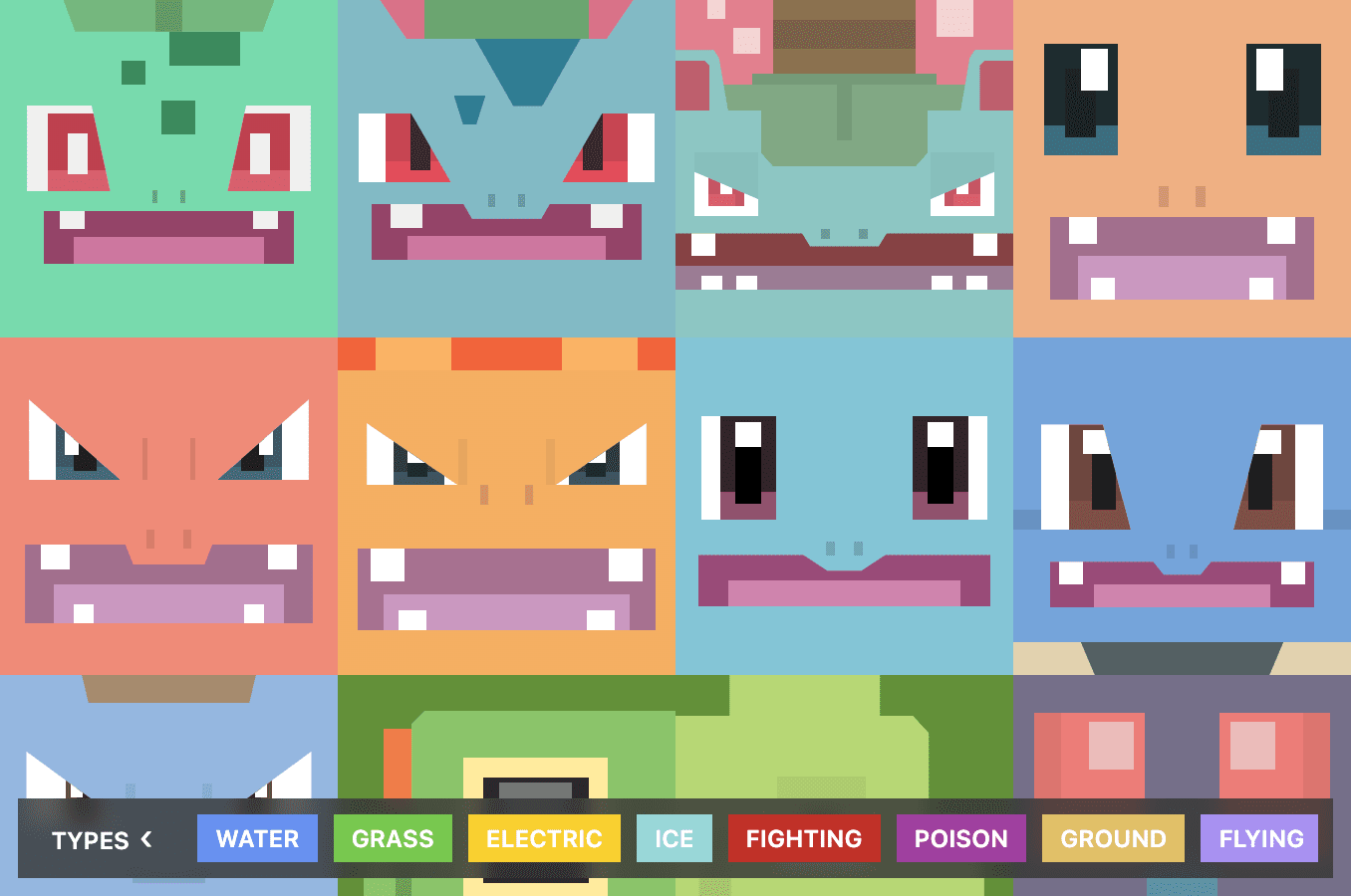 CSS Pokémon illustration grid with type filtering