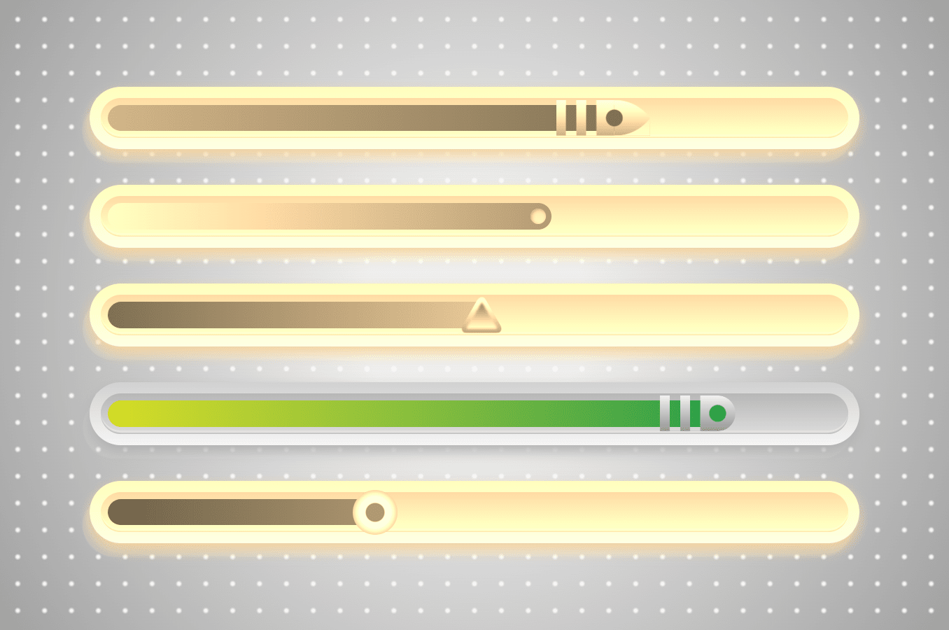 Collection of 5 sliders with hover animations and gradient themes