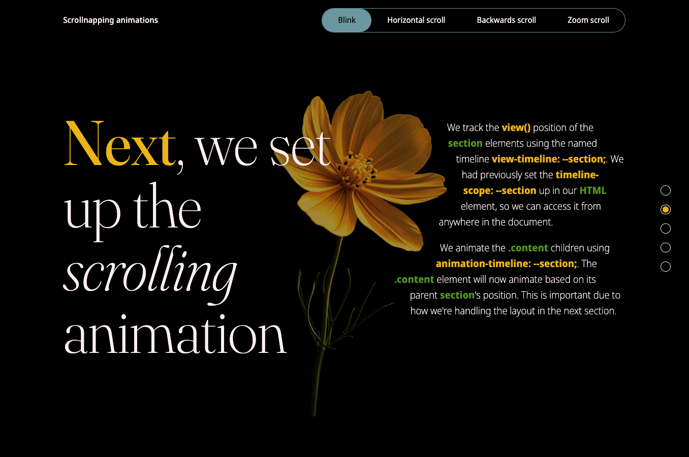CSS scroll-driven scroll-snapping animations code snippet