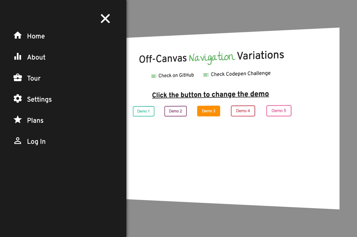 Code example of a responsive off-canvas navigation sidebar with mixins for transitions and multiple demo styles.