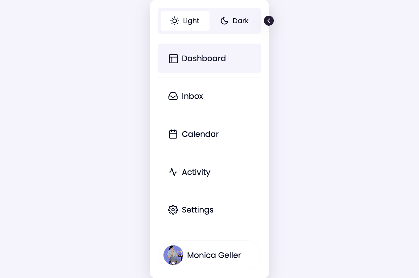 Responsive sidebar with dark mode and shrinkable view