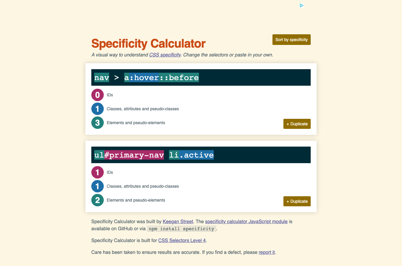 CSS Specificity calculator